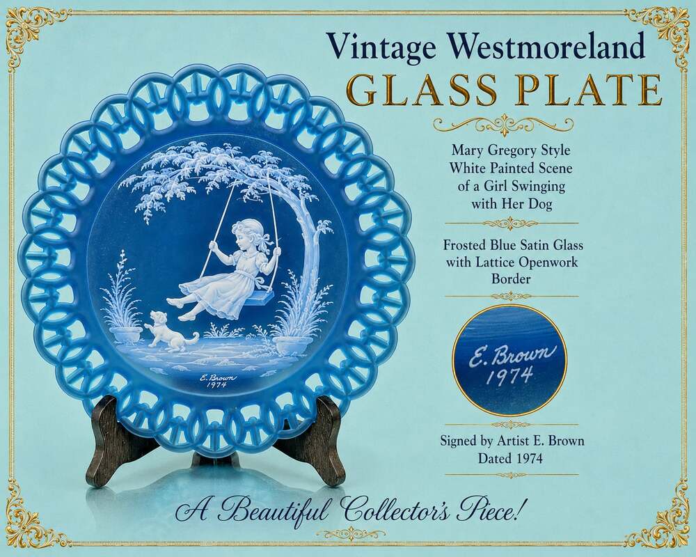 Vintage Westmoreland Mary Gregory Blue Satin Glass Lattice Edge Plate, Girl on S